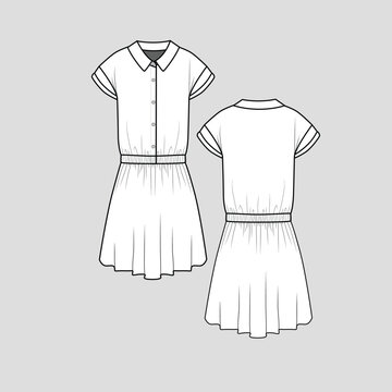 Collar Neck Roll Up Sleeve Dress Button Panel Drop Shoulder Waist Gathering Peplum Fashion Design Sketch Drawing Templates