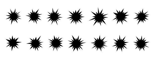 Black bursting star shapes. Set of silhouettes starburst isolated on white background. Abstract vector random geometric illustration star shapes. Black starburst speech bubbles.Black hole silhouettes - obrazy, fototapety, plakaty