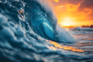 夕陽と激しい波