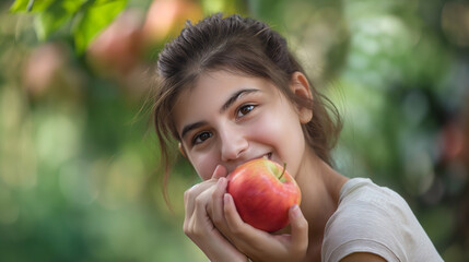 Garota jovem segurando uma maçã vermelha ao ar livre - obrazy, fototapety, plakaty