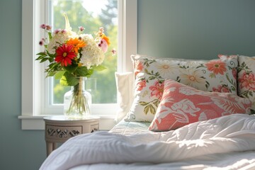 Cozy guest room with floral bedding and a bouquet of fresh flowers on the nightstand by the window.