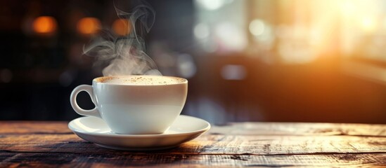 Obraz premium Coffee cup on wooden table with saucer.