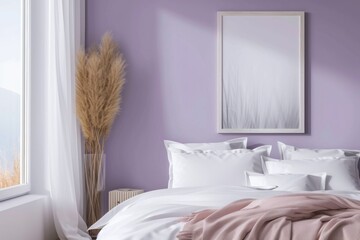 Minimalist bedroom with a pastel violet wall, white bedding, and a tall pampas grass in a vase by the window.