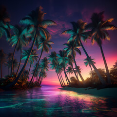 Tropical beach with neon-colored palm trees.
