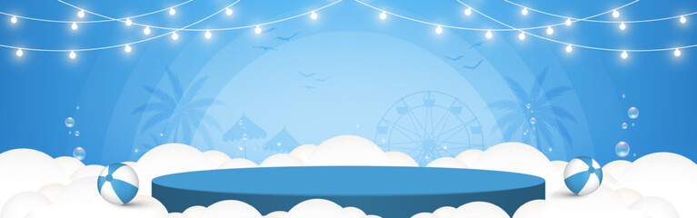 Summer concept Stage podium for product display. Empty podium with cloud, beach balls, light decorative and party beach silhouette on blue background. Abstract background. Vector illustration.