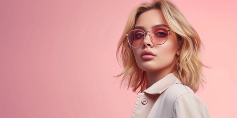 Fototapeta premium Chic Fashion Portrait: Blonde Woman in Eyeglasses on Clean Background, Generative AI