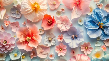 An array of colorful paper flowers on a pastel background