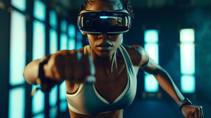 VR Virtual Reality, Fitness. A girl with a sporty appearance wears vr glasses for playing sports, a portrait of a sports girl in vr glasses, generative AI.