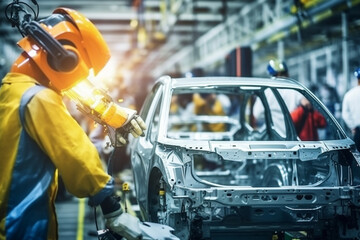 People working in the automobile manufacturing industry and operating machinery in the automobile manufacturing factory. Worker