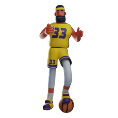   3D illustration. 3D Cartoon Basketball Athlete smiling sweetly. with a basketball pose stepped on. showing a smiling expression. 3D Cartoon Character