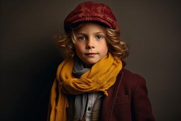 Portrait of a little boy with curly hair wearing a cap and scarf.