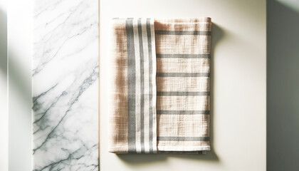 Minimalist Chic Striped Kitchen Towels on Marble Background Minimalist Chic Striped Kitchen Towels on Marble Background