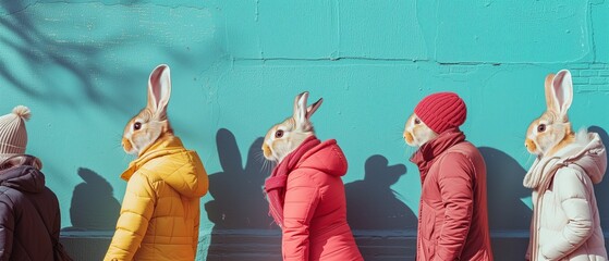 Surreal Anthropomorphic Rabbits in Winter Attire Lined Up Against a Vibrant Teal Wall