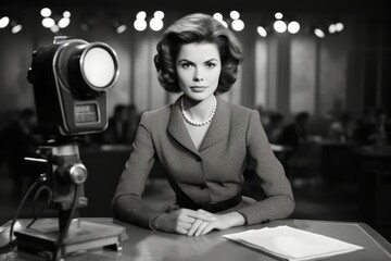 Historical Snapshot of a Stylish Female Journalist in the 1960s, Delivering the News from a Retro TV Studio