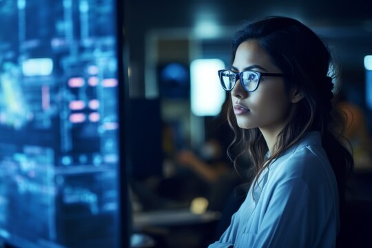 Portrait of a Woman Computer Engineer Engrossed in Complex Coding in a Modern Tech Office