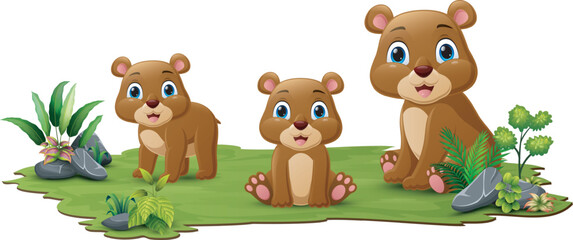 Cute family bear cartoon in the grass
