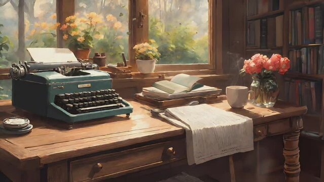 a work room at home with an antique typewriter, books, a cup of coffee on the table. animation with digital painting style, cartoon or Japanese anime.