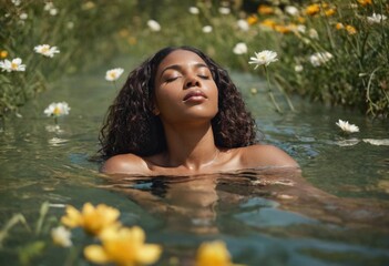 A serene image of a black woman with bare shoulders, her eyes closed in tranquility, swimming amidst floating flowers under the daylight