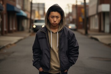 Young juvenile delinquent teenager boy in city serious face - obrazy, fototapety, plakaty