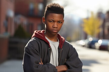 Young juvenile delinquent teenager boy in city serious face