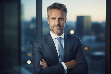 Fototapeta premium Elegant man in a suit with a silver silk tie, standing confidently in a sleek office with panoramic city views during sunset