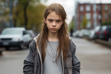 Obraz premium Young juvenile delinquent teenager girl in city serious face