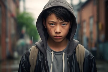 Young juvenile delinquent teenager boy in city serious face - obrazy, fototapety, plakaty