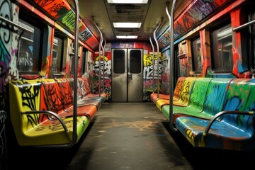 Empty subway train full of graffiti 
