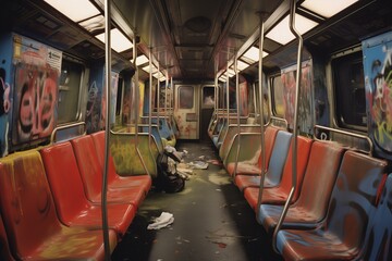 Empty subway train full of graffiti  - obrazy, fototapety, plakaty
