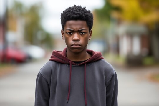Young juvenile delinquent teenager boy in city serious face