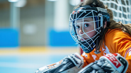 Young indoor soccer goalkeeper in a crouched position, focused on the incoming play. - obrazy, fototapety, plakaty