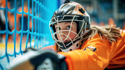 Indoor soccer goalkeeper intently watching the play, ready to defend the goal.