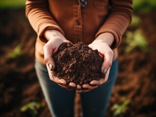 Women's hands hold the soil in the field, agronomy, agriculture, agronomist. Generated by AI