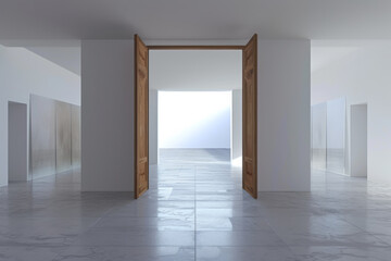 Obraz premium Art interior glass / white room with wooden doors