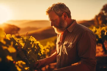 Fotobehang A passionate winemaker appreciating the quality of his recent vintage in the serene setting of his vineyard under the sunset © aicandy