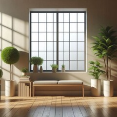 stylish wooden bench against a plain, light-colored wall adorned by the soft shadows of window panes