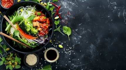Delicious and healthy asian food on a black textured background, realistic, HD, copy space - generative ai