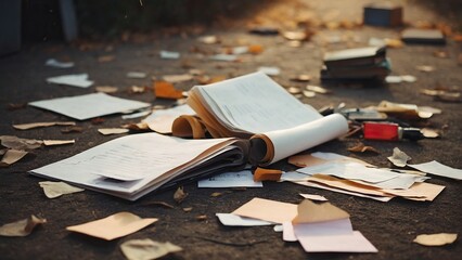 In an unplanned choreography, work documents pirouette in the air, now scattered on the road by the whims of the wind