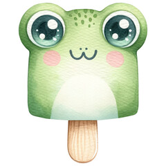 Cute Frog  Stick Popsicle, Watercolor Animal Popsicle, Ice Cream Popsicle, Summer Dessert, Nursery, Baby, Kids Birthday, Isolated on Transparent Background. Generative AI 