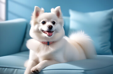 white spitz dog on a blue background	