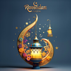Obraz na płótnie Canvas Ramadan card with a colorful Arabic lamp and the inscription Ramadan Kareem, generative AI