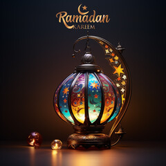 Naklejka premium Ramadan card with a colorful Arabic lamp and the inscription Ramadan Kareem, generative AI