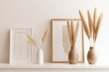 dry wheat foxtail decoration vase frames on shelf beige background