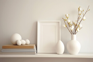 Magnolia kobus flower bud with white vase frame books on shelf white background