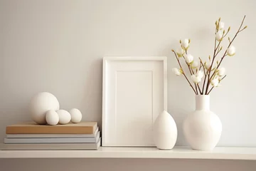 Zelfklevend Fotobehang Magnolia kobus flower bud with white vase frame books on shelf white background © Astrognomo