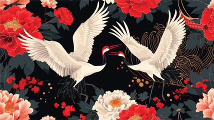 Seamless pattern with Japanese white cranes