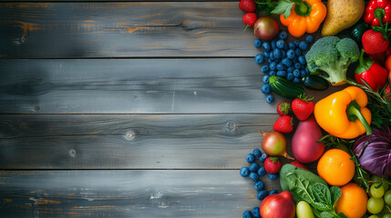 Assorted fresh fruits and vegetables spread out on a rustic wooden table, vibrant colors and textures creating a natural and healthy food background
