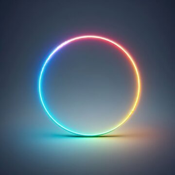 thin, hollow circle with a gradient of colors on a plain grey background. The circle is illuminated and exhibits a neon-like glow, transitioning smoothly from blue to green, yellow, and red