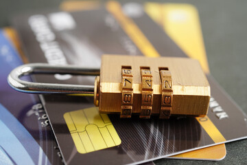 Credit card with password key lock, security finance business concept.