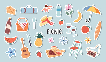 Picnic stickers on a blue background